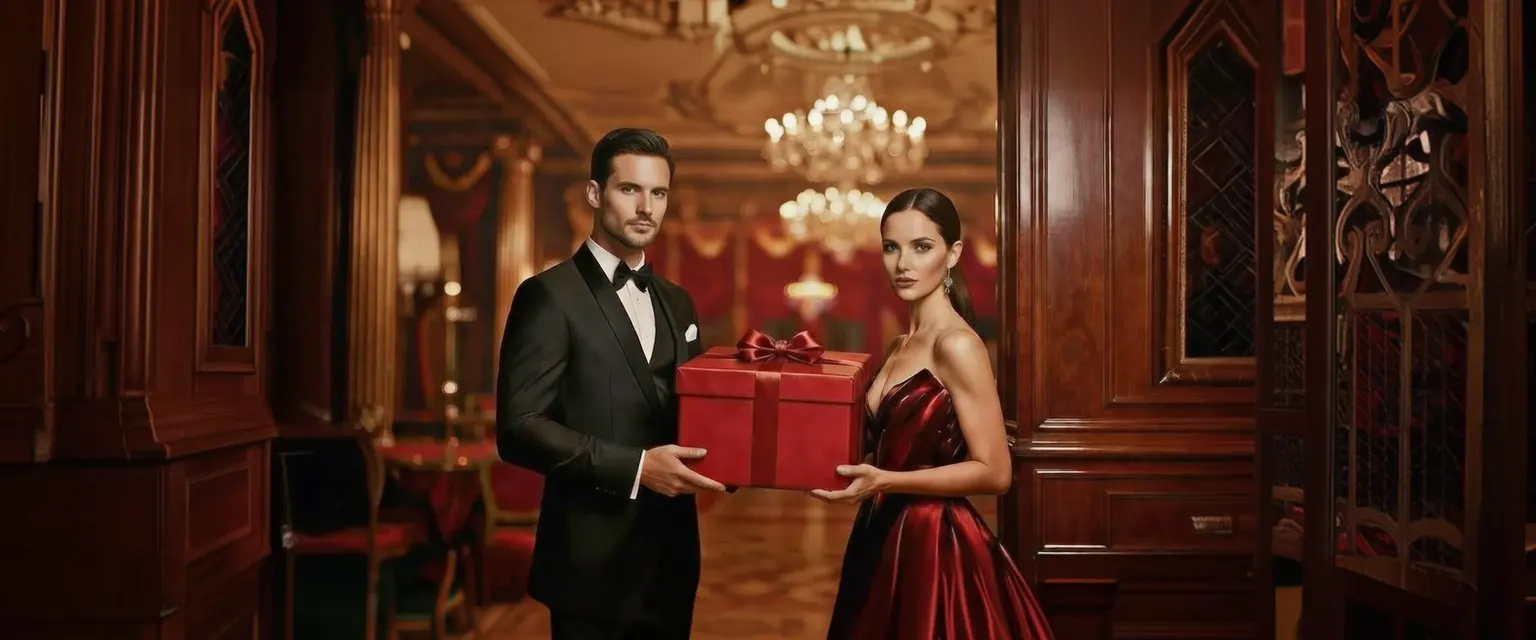Loonie Gold welcome banner: a couple in evening wear holding a red gift box